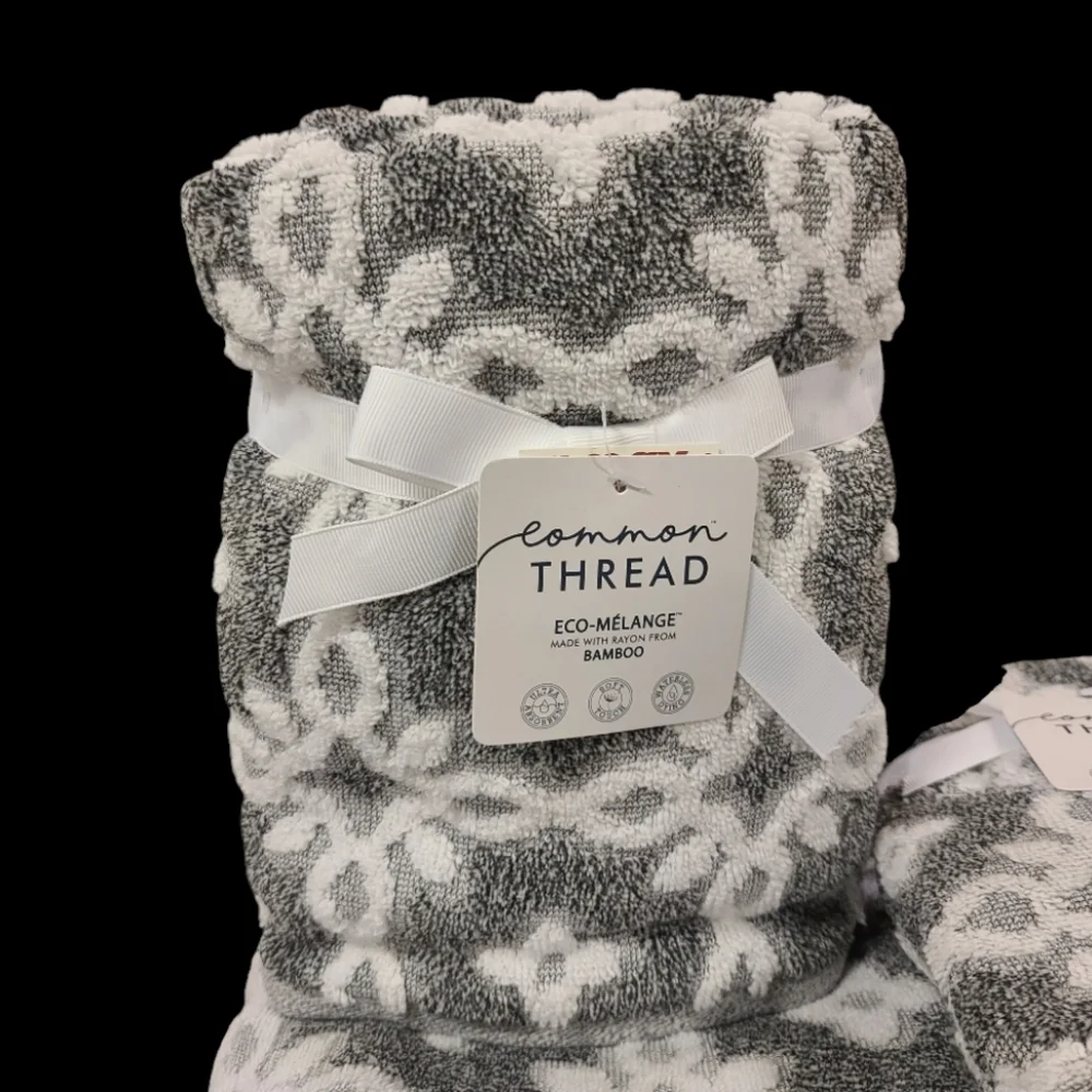6pc Common Thread Plush Bath Hand Tip Towel Set Gray White Damask Zero Twist New